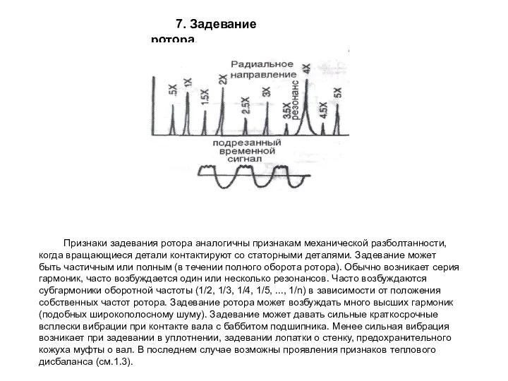 7. Задевание ротора. Признаки задевания ротора аналогичны признакам механической разболтанности, когда