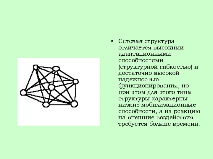 Сетевая структура отличается высокими адаптационными способностями (структурной гибкостью) и достаточно высокой