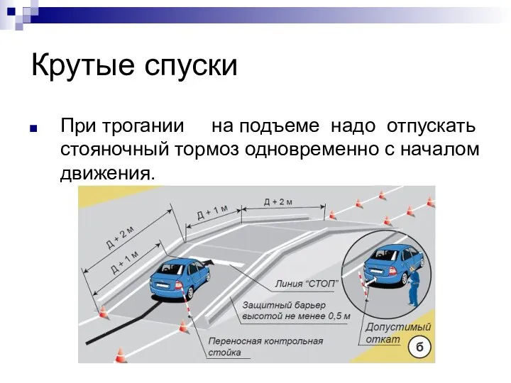 Крутые спуски При трогании на подъеме надо отпускать стояночный тормоз одновременно с началом движения.