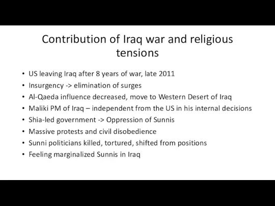 Contribution of Iraq war and religious tensions US leaving Iraq after