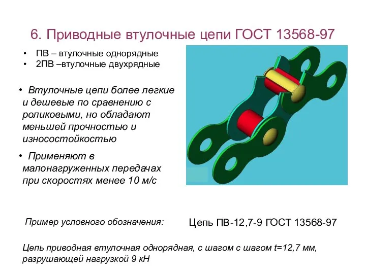 6. Приводные втулочные цепи ГОСТ 13568-97 ПВ – втулочные однорядные 2ПВ