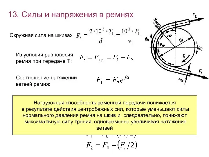 13. Силы и напряжения в ремнях Окружная сила на шкивах Из