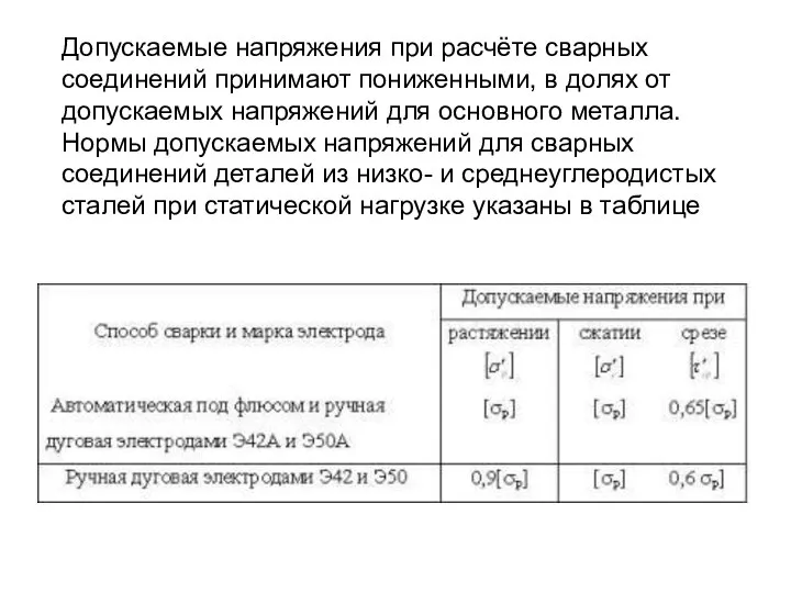 Допускаемые напряжения при расчёте сварных соединений принимают пониженными, в долях от