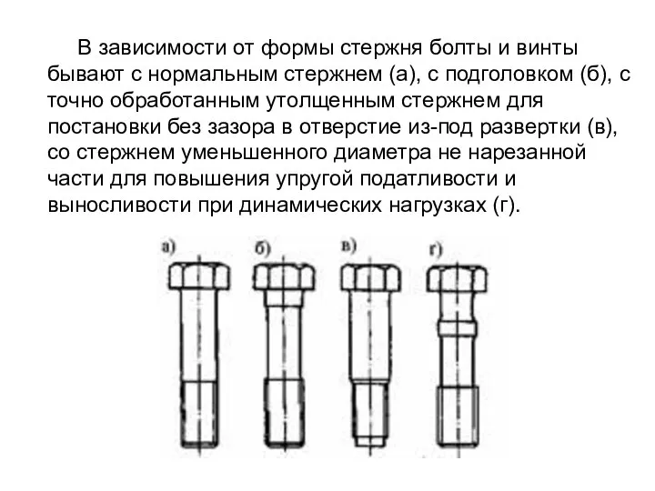 В зависимости от формы стержня болты и винты бывают с нормальным