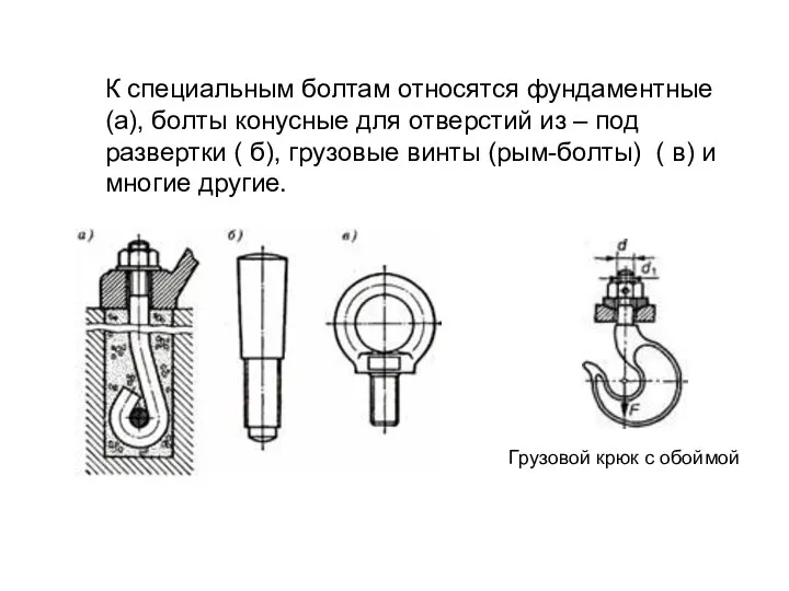 К специальным болтам относятся фундаментные (а), болты конусные для отверстий из