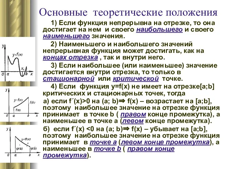 Основные теоретические положения 1) Если функция непрерывна на отрезке, то она