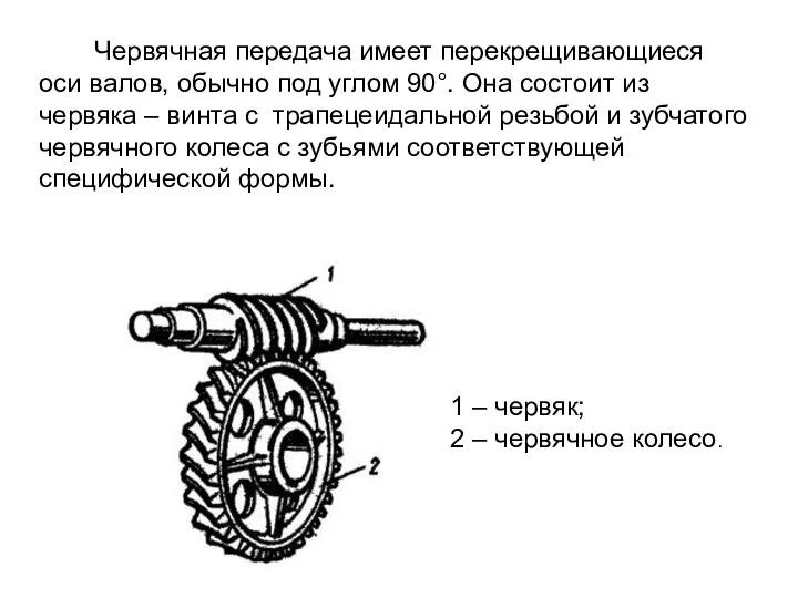 Червячная передача имеет перекрещивающиеся оси валов, обычно под углом 90°. Она