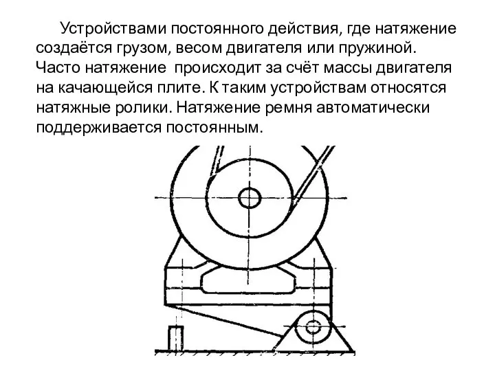 Устройствами постоянного действия, где натяжение создаётся грузом, весом двигателя или пружиной.