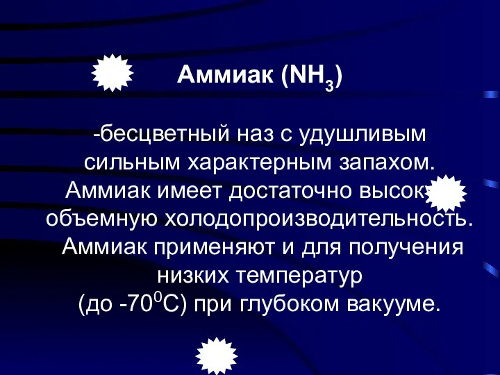 Аммиак (NH3) -бесцветный наз с удушливым сильным характерным запахом. Аммиак имеет