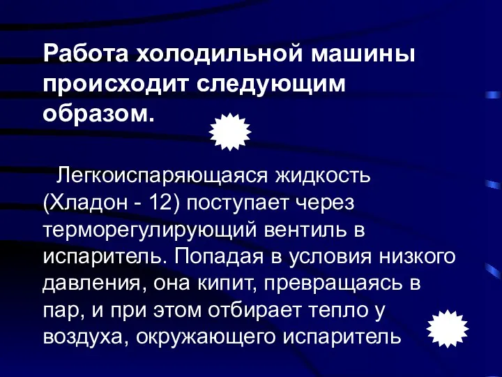 Работа холодильной машины происходит следующим образом. Легкоиспаряющаяся жидкость (Хладон - 12)