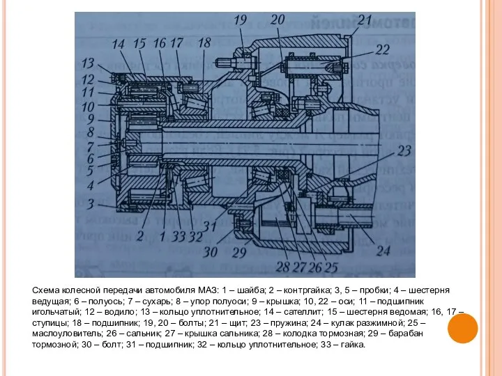 Схема колесной передачи автомобиля МАЗ: 1 – шайба; 2 – контргайка;