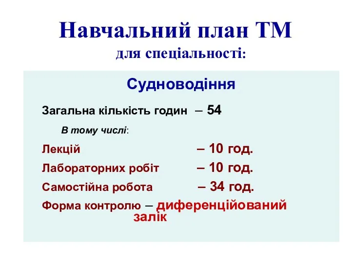 Навчальний план ТМ для спеціальності: Судноводіння Загальна кількість годин – 54