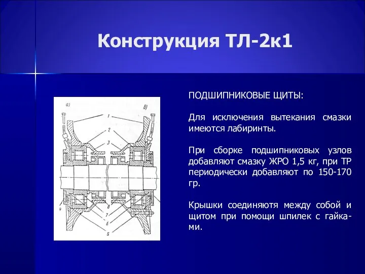 Конструкция ТЛ-2к1 ПОДШИПНИКОВЫЕ ЩИТЫ: Для исключения вытекания смазки имеются лабиринты. При