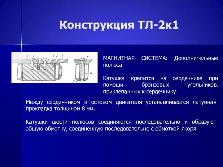 Конструкция ТЛ-2к1 МАГНИТНАЯ СИСТЕМА: Дополнительные полюса Катушка крепится на сердечнике при