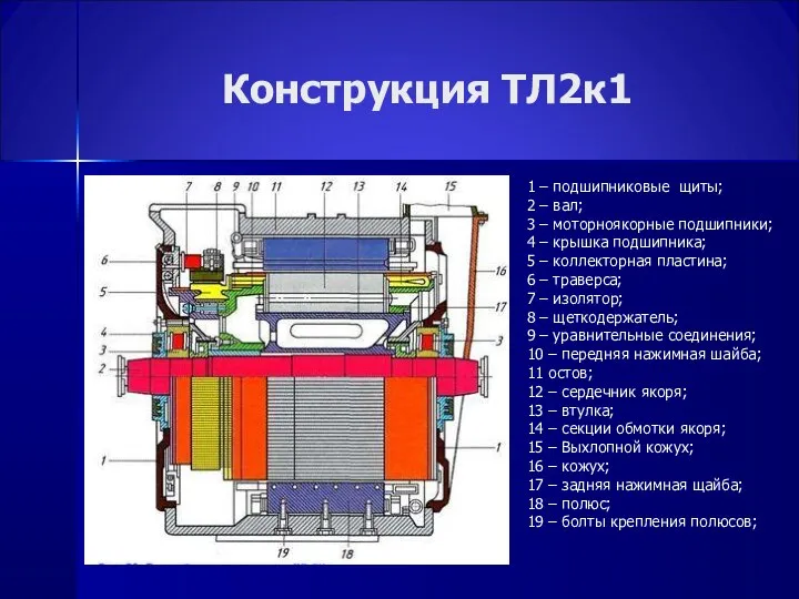 Конструкция ТЛ2к1 1 – подшипниковые щиты; 2 – вал; 3 –