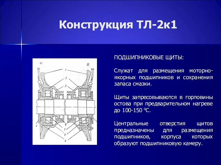 Конструкция ТЛ-2к1 ПОДШИПНИКОВЫЕ ЩИТЫ: Служат для размещения моторно-якорных подшипников и сохранения