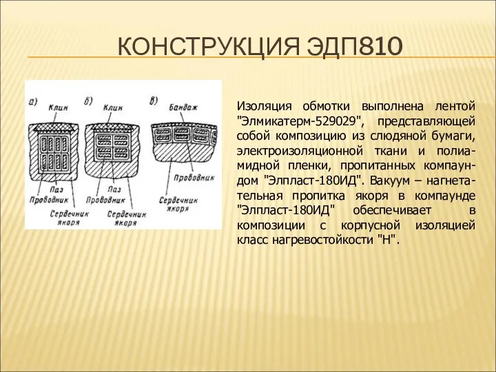 КОНСТРУКЦИЯ ЭДП810 Изоляция обмотки выполнена лентой "Элмикатерм-529029", представляющей собой композицию из