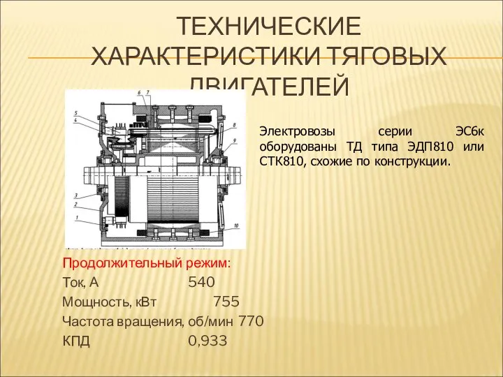 ТЕХНИЧЕСКИЕ ХАРАКТЕРИСТИКИ ТЯГОВЫХ ДВИГАТЕЛЕЙ Продолжительный режим: Ток, А 540 Мощность, кВт