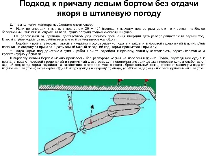 Для выполнения маневра необходимо следующее: − Идти по инерции к причалу