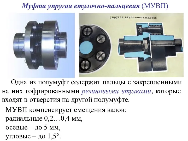 Муфта упругая втулочно-пальцевая (МУВП) Одна из полумуфт содержит пальцы с закрепленными