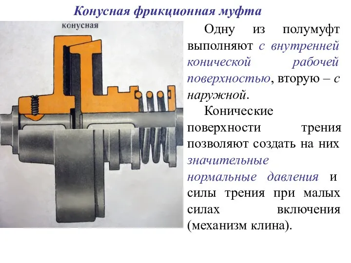 Конусная фрикционная муфта Одну из полумуфт выполняют с внутренней конической рабочей