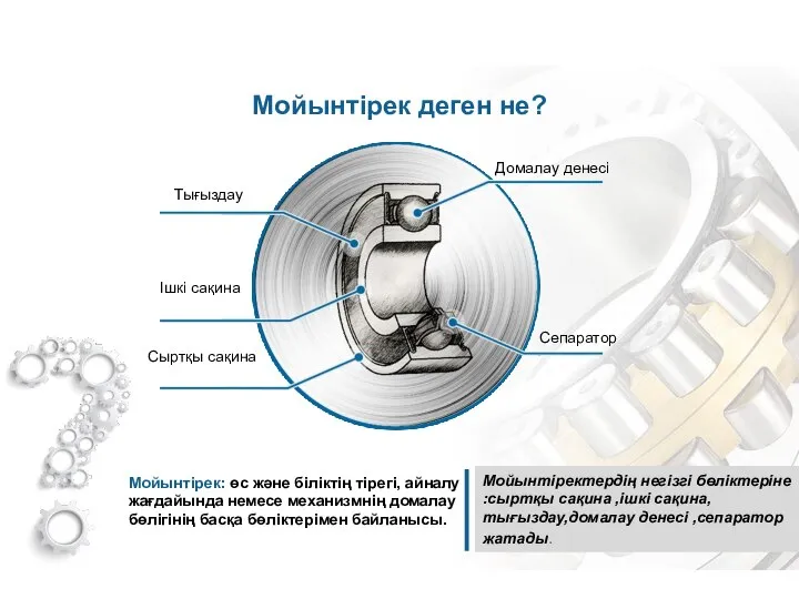 Мойынтірек деген не? Мойынтіректердің негізгі бөліктеріне :сыртқы сақина ,ішкі сақина,тығыздау,домалау денесі