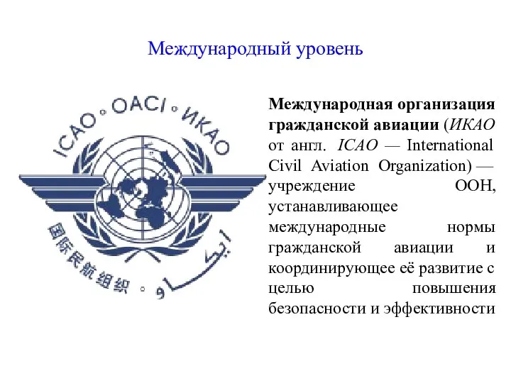 Международный уровень Международная организация гражданской авиации (ИКАО от англ. ICAO —