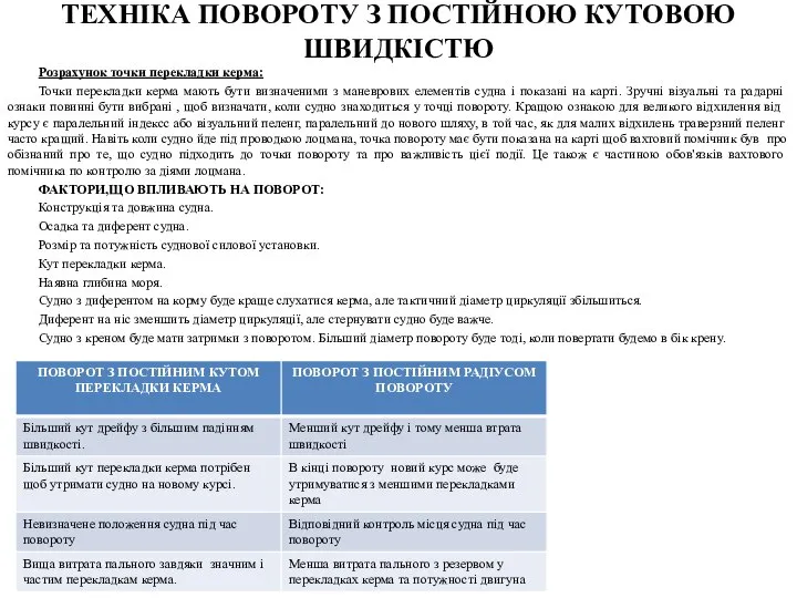 Розрахунок точки перекладки керма: Точки перекладки керма мають бути визначеними з