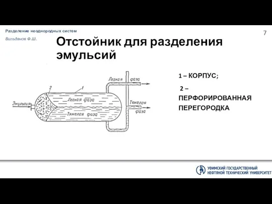 Разделение неоднородных систем Вильданов Ф.Ш. Отстойник для разделения эмульсий 1 – КОРПУС; 2 – ПЕРФОРИРОВАННАЯ ПЕРЕГОРОДКА