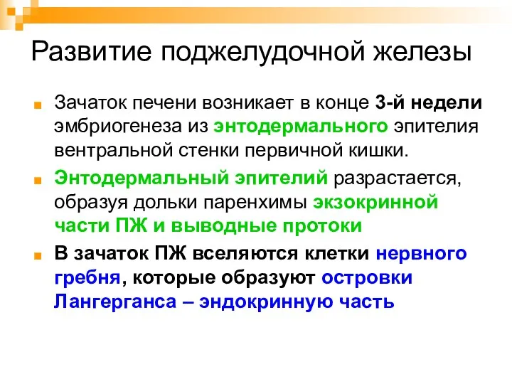 Развитие поджелудочной железы Зачаток печени возникает в конце 3-й недели эмбриогенеза