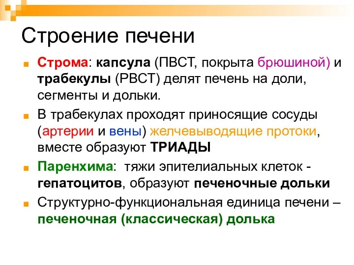 Строение печени Строма: капсула (ПВСТ, покрыта брюшиной) и трабекулы (РВСТ) делят