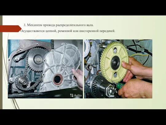 3. Механизм привода распределительного вала. Осуществляется цепной, ременной или шестеренной передачей.