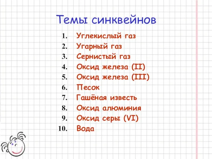 Темы синквейнов Углекислый газ Угарный газ Сернистый газ Оксид железа (II)