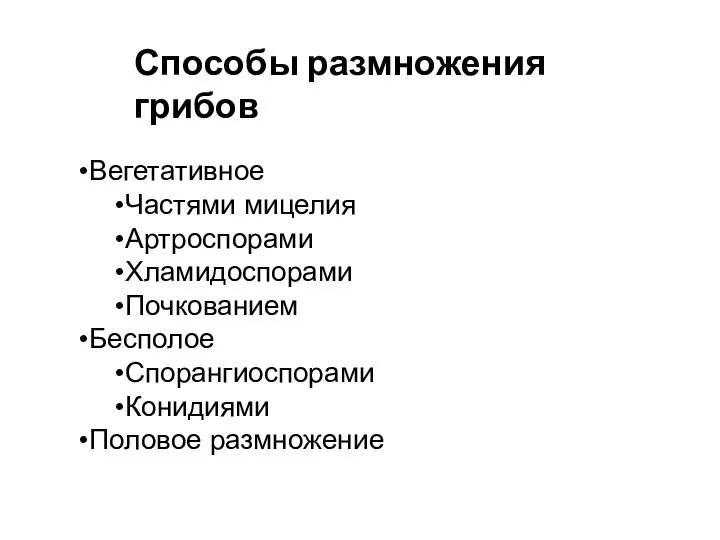 Способы размножения грибов Вегетативное Частями мицелия Артроспорами Хламидоспорами Почкованием Бесполое Спорангиоспорами Конидиями Половое размножение