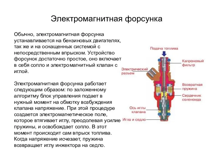 Электромагнитная форсунка Обычно, электромагнитная форсунка устанавливается на бензиновых двигателях, так же