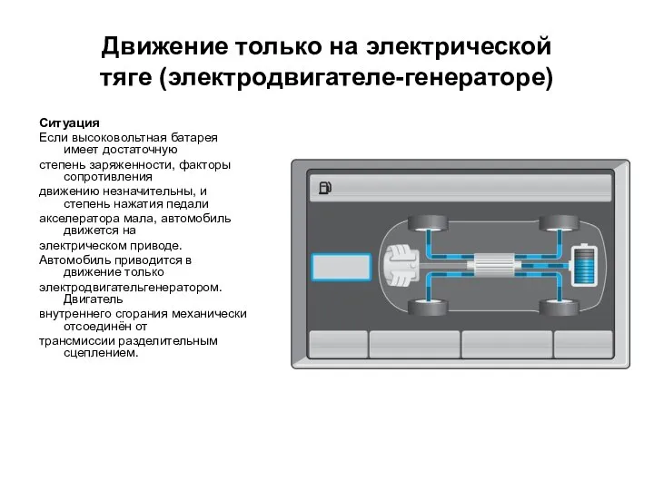 Движение только на электрической тяге (электродвигателе-генераторе) Ситуация Если высоковольтная батарея имеет