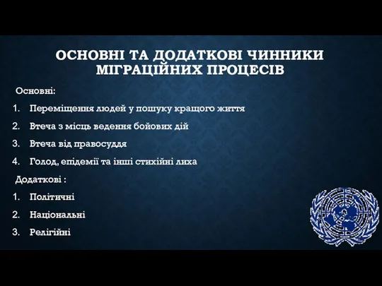 ОСНОВНІ ТА ДОДАТКОВІ ЧИННИКИ МІГРАЦІЙНИХ ПРОЦЕСІВ Основні: Переміщення людей у пошуку