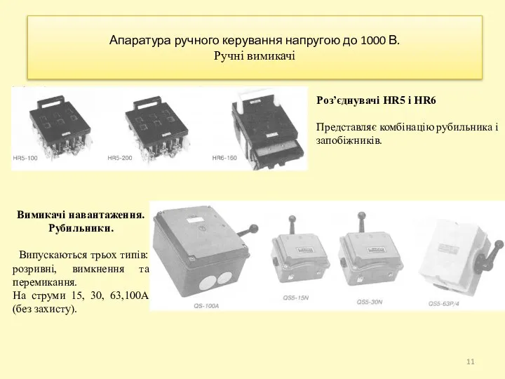 Апаратура ручного керування напругою до 1000 В. Ручні вимикачі Роз’єднувачі HR5