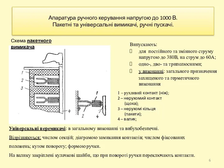 Апаратура ручного керування напругою до 1000 В. Пакетні та універсальні вимикачі,