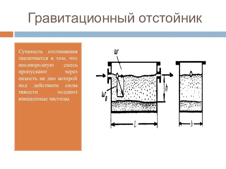 Гравитационный отстойник Сущность отстаивания заключается в том, что неоднородную смесь пропускают