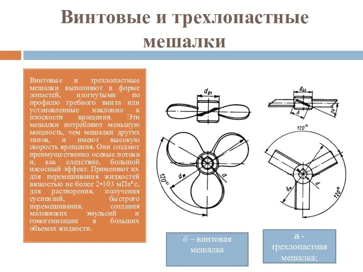 Винтовые и трехлопастные мешалки Винтовые и трехлопастные мешалки выполняют в форме