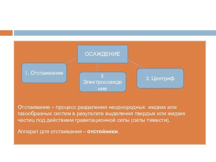 Отстаивание – процесс разделения неоднородных жидких или газообразных систем в результате