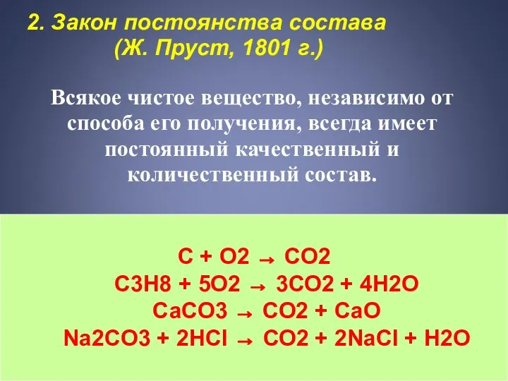 2. Закон постоянства состава (Ж. Пруст, 1801 г.) Всякое чистое вещество,