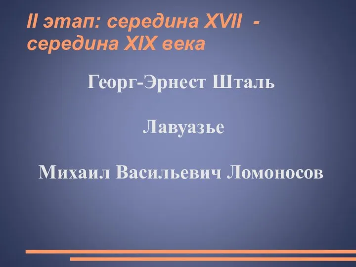 II этап: середина XVII - середина XIX века Георг-Эрнест Шталь Лавуазье Михаил Васильевич Ломоносов