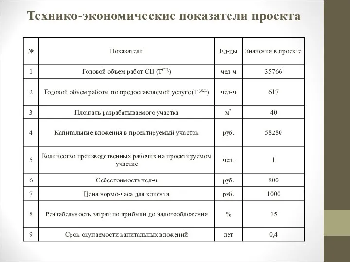 Технико-экономические показатели проекта