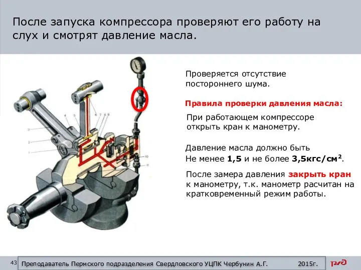 После запуска компрессора проверяют его работу на слух и смотрят давление