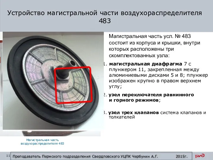 Устройство магистральной части воздухораспределителя 483 1. магистральная диафрагма 7 с плунжером