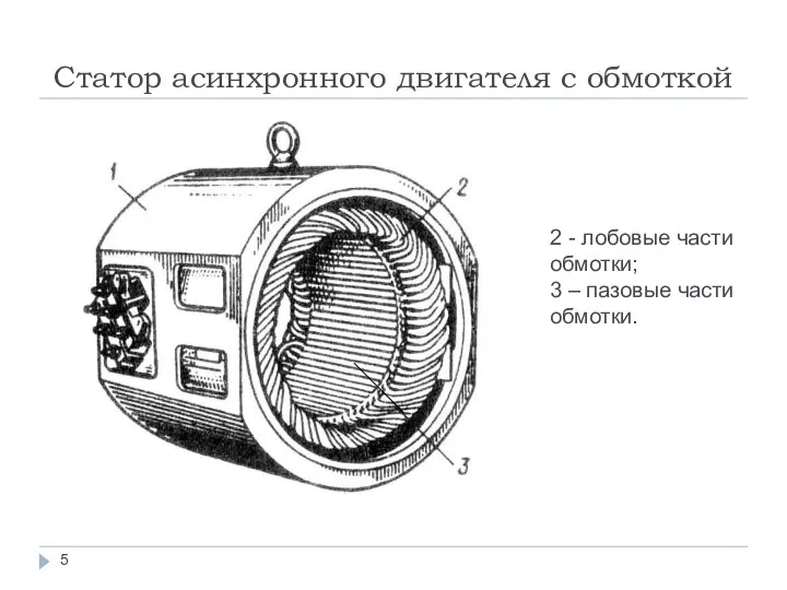 Статор асинхронного двигателя с обмоткой 2 - лобовые части обмотки; 3 – пазовые части обмотки.