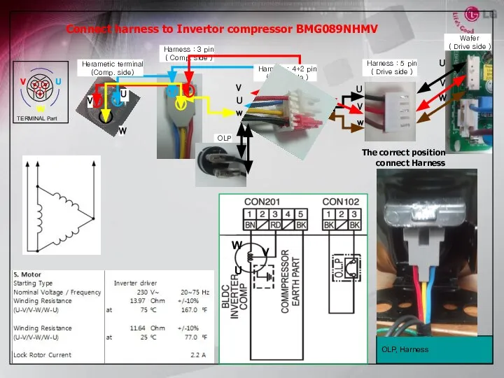 OLP, Harness The correct position connect Harness Connect harness to Invertor compressor BMG089NHMV OLP