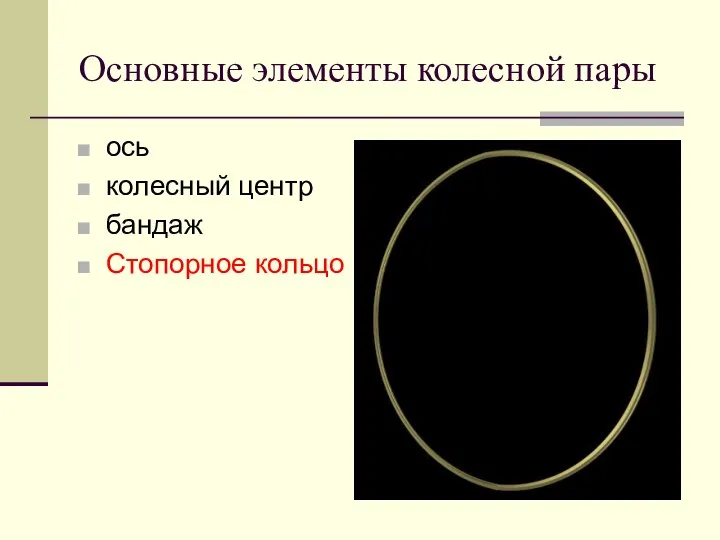 Основные элементы колесной пары ось колесный центр бандаж Стопорное кольцо